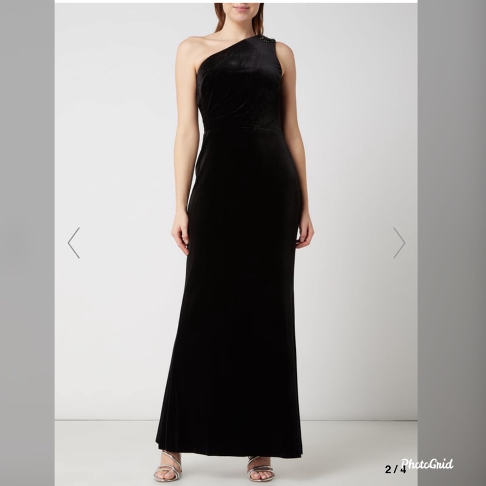 Ralph Lauren black velour one shoulder formal dress with beaded shoulder detail